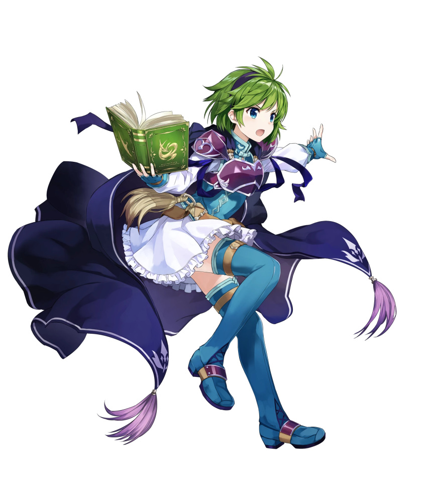 1girl amagai_tarou armor belt belt_pouch blue_eyes boots breastplate cape fingerless_gloves fire_emblem fire_emblem:_rekka_no_ken fire_emblem_heroes frills full_body gloves green_hair hairband highres long_sleeves miniskirt nino_(fire_emblem) official_art pouch shiny shiny_hair short_hair shoulder_armor shoulder_pads skirt smile solo thigh-highs thigh_boots white_skirt zettai_ryouiki