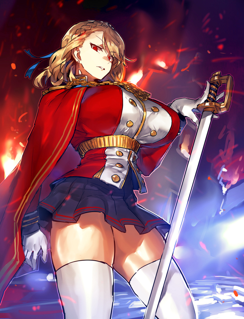 1girl azur_lane belt blonde_hair blue_ribbon blue_skirt braid breasts cape earrings gigantic_breasts gloves hair_ribbon highres holding holding_sword holding_weapon jacket jewelry large_breasts legs_apart long_sleeves looking_at_viewer melon22 miniskirt parted_lips pleated_skirt prince_of_wales_(azur_lane) red_cape red_eyes red_jacket ribbon skirt solo standing sword thigh-highs weapon white_gloves white_legwear zettai_ryouiki