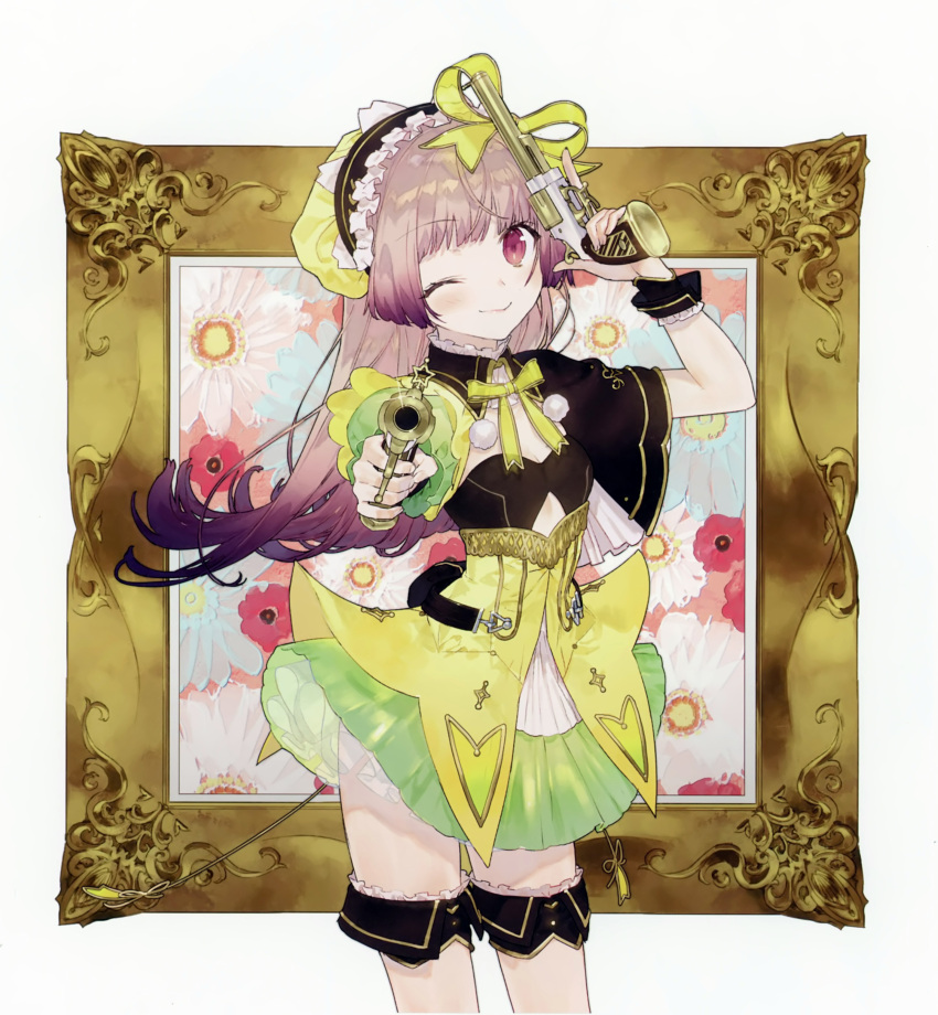 1girl absurdres atelier_(series) atelier_lydie_&amp;_suelle blush bow dual_wielding gloves gun hairband handgun highres holding holding_gun holding_weapon huge_filesize long_hair looking_at_viewer noco_(adamas) official_art one_eye_closed painting_(object) pistol scan solo suelle_marlen trigger_discipline weapon yellow_bow yuugen