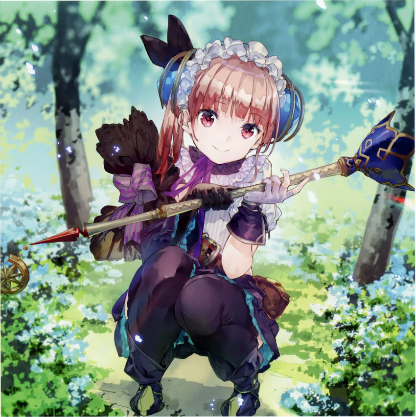 1girl absurdres atelier_(series) atelier_lydie_&amp;_suelle blush boots bow day forest gloves hairband highres huge_filesize looking_at_viewer lydie_marlen nature noco_(adamas) official_art outdoors pink_eyes pink_hair scan short_hair side_ponytail squatting staff yuugen