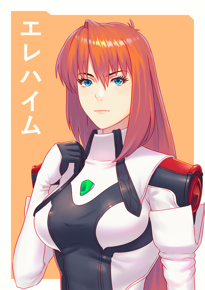 1girl absurdres blue_eyes bodysuit breasts character_name closed_mouth commentary elbow_gloves elhaym_van_houten fateline_alpha gloves hair_between_eyes hand_up highres large_breasts long_hair looking_at_viewer orange_hair solo upper_body xenogears yellow_background