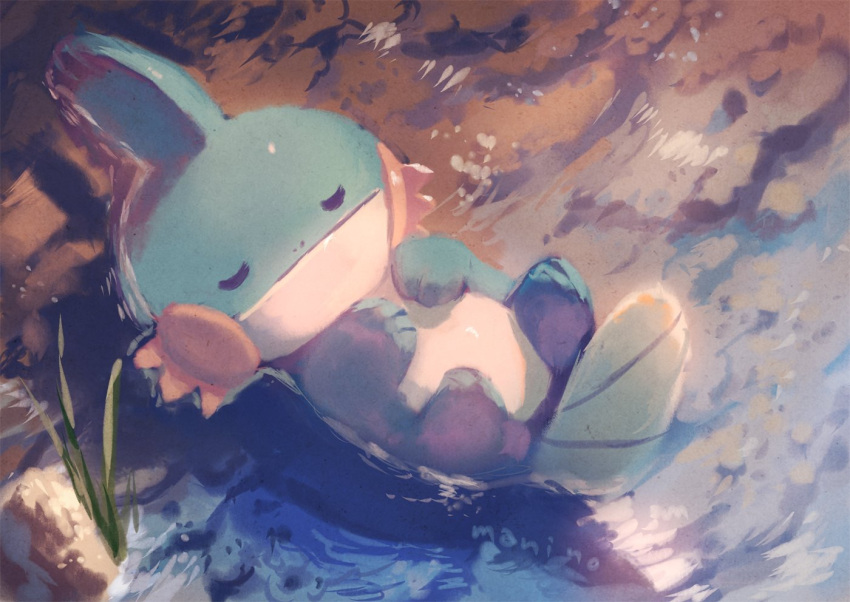 afloat clo closed_eyes closed_mouth commentary_request floating gen_3_pokemon grass lying manino_(mofuritaionaka) mudkip no_humans on_back pokemon pokemon_(creature) scenery sleeping solo water