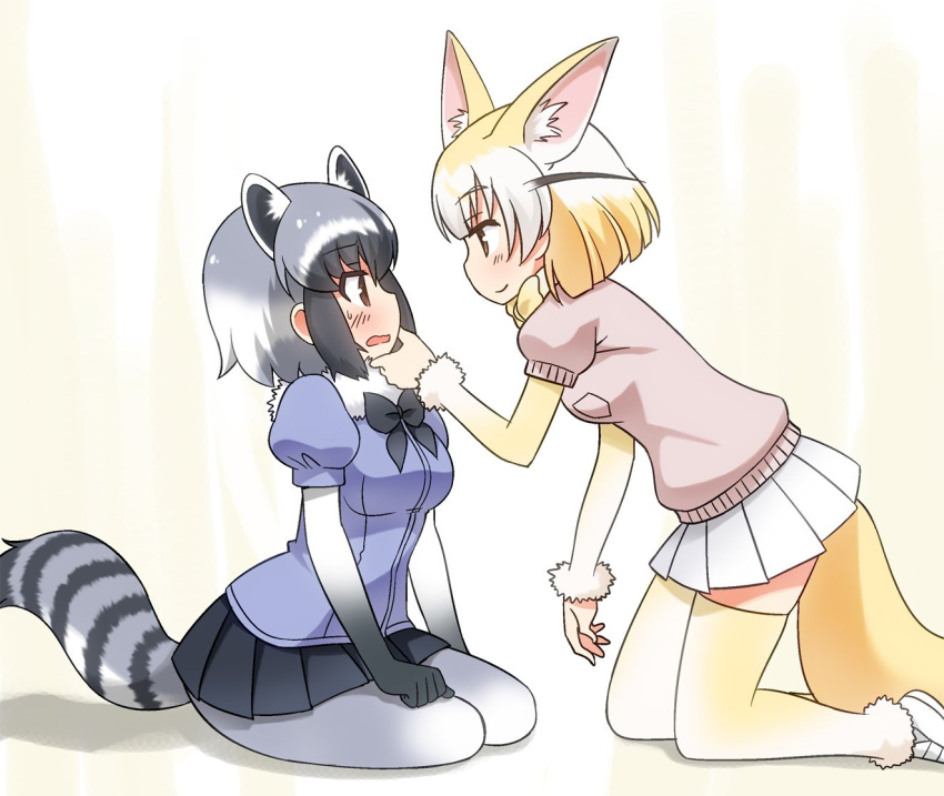 2girls animal_ears bangs black_hair black_neckwear blonde_hair blouse blue_blouse blush bow bowtie brown_eyes clenched_hand closed_mouth common_raccoon_(kemono_friends) elbow_gloves extra_ears eyebrows_visible_through_hair fennec_(kemono_friends) fox_ears fox_tail from_side frown fur_collar gloves grey_hair grey_legwear hand_on_another's_chin hand_on_lap kemono_friends kneeling leaning_forward looking_at_another multicolored_hair multiple_girls open_mouth pantyhose pink_sweater pleated_skirt puffy_short_sleeves puffy_sleeves raccoon_ears raccoon_tail shadow short_hair short_sleeves sitting skirt smile striped_tail sweatdrop sweater tail thigh-highs umekichi wavy_mouth white_skirt yellow_legwear yokozuwari yuri