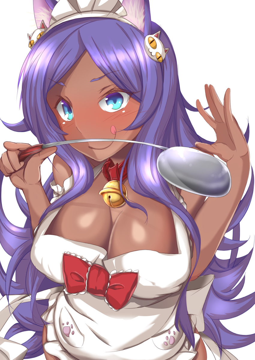 1girl absurdres animal_ears apron aqua_eyes bell blush breasts cleavage collar collarbone cosplay dark_skin fate/grand_order fate_(series) highres ingaritsu72 large_breasts long_hair looking_at_viewer maid_headdress naked_apron nearly_naked_apron purple_hair queen_of_sheba_(fate/grand_order) simple_background smile solo spoon tamamo_(fate)_(all) tamamo_cat_(fate) tamamo_cat_(fate)_(cosplay) tongue white_background
