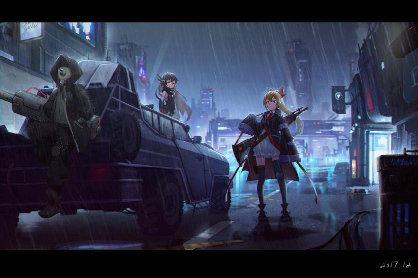 3girls black_eyes black_hair black_legwear blonde_hair blue_eyes bow cha_(pixiv12794171) closed_mouth dated glasses ground_vehicle gun hair_bow hands_in_pockets highres letterboxed long_hair looking_at_viewer mask motor_vehicle multiple_girls necktie night original outdoors rain red_bow red_neckwear road scenery semi-rimless_eyewear sitting sleeves_past_wrists spotlight thigh-highs tire truck weapon