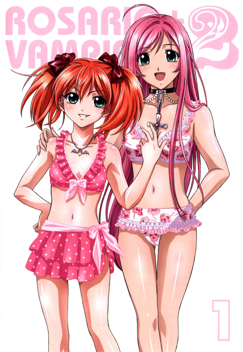 2girls :d ahoge akashiya_moka bikini bow breasts chains collar copyright_name cover cross dvd_cover fang green_eyes grin hair_bow highres jewelry long_hair medium_breasts midriff multiple_girls navel nazo_koumori official_art open_mouth orange_hair pendant pink_hair rosario+vampire short_twintails shuzen_kokoa small_breasts smile standing stomach swimsuit teeth twintails very_long_hair