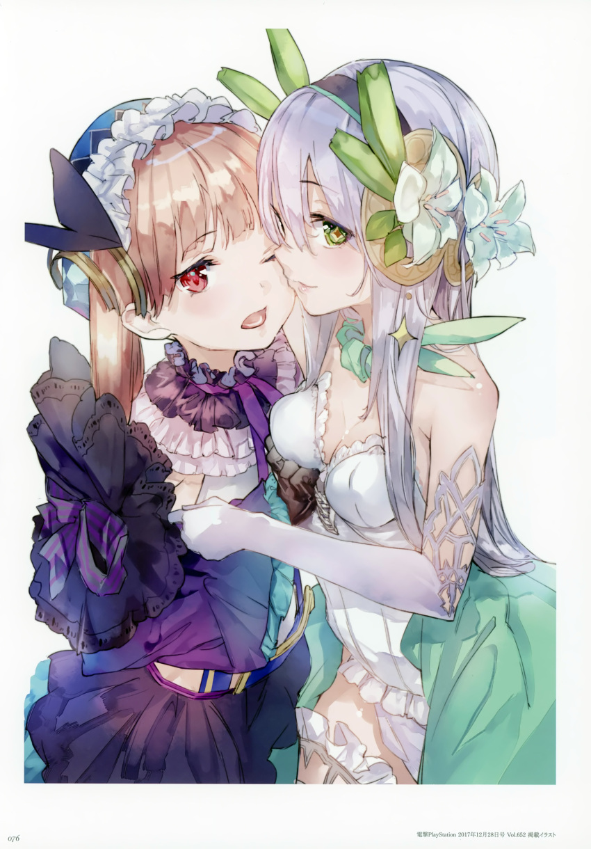+_+ 2girls absurdres atelier_(series) atelier_lydie_&amp;_suelle bare_shoulders green_eyes hair_ornament hairband highres huge_filesize long_hair looking_at_viewer lydie_marlen multiple_girls noco_(adamas) official_art one_eye_closed open_mouth pink_eyes pink_hair plachta scan silver_hair smile thigh-highs twintails yuugen