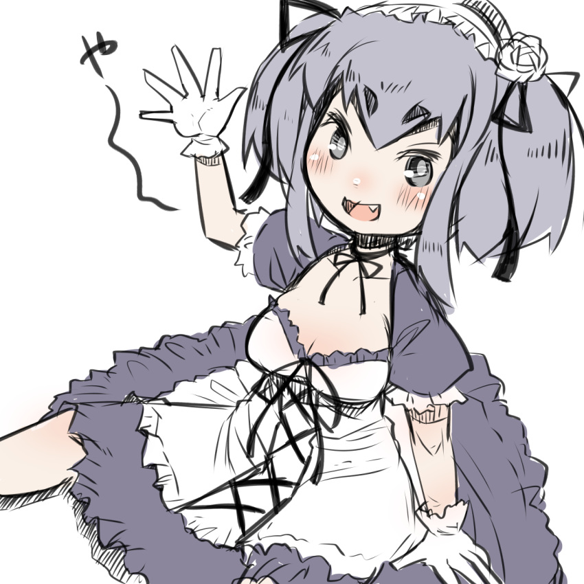 1girl :d arm_up bangs blush breasts cleavage dress eyebrows_visible_through_hair fang flower frilled_hairband gloves grey_dress grey_eyes grey_hair hair_between_eyes hair_flower hair_ornament highres kantai_collection open_mouth puffy_short_sleeves puffy_sleeves rose short_sleeves simple_background sitting sketch small_breasts smile solo tokitsukaze_(kantai_collection) twintails u-non_(annon'an) white_background white_flower white_gloves white_rose