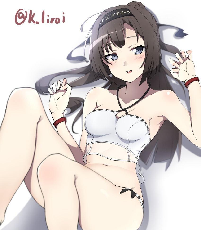 1girl akizuki_(kantai_collection) black_hair blue_eyes blush breasts eyebrows_visible_through_hair headband highres kagari_leroy kantai_collection long_hair looking_at_viewer open_mouth ponytail shadow small_breasts solo swimsuit twitter_username underwear undressing white_swimsuit