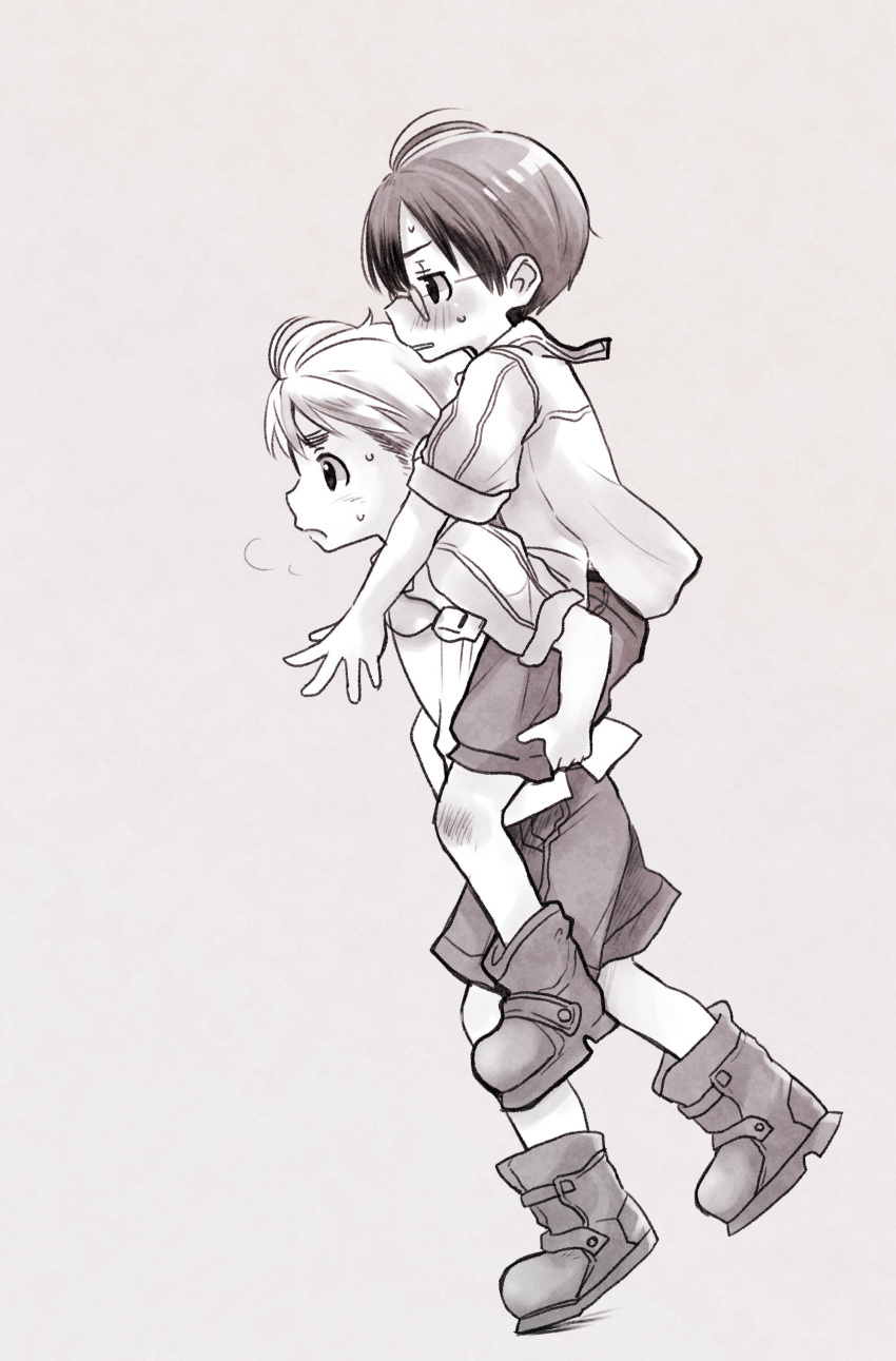 2boys absurdres blush boots breath carrying from_side glasses grey_background greyscale highres made_in_abyss monochrome multiple_boys natt_(made_in_abyss) parted_lips piggyback profile round_eyewear shiggy_(made_in_abyss) shirt short_sleeves shorts simple_background sweat usuki_(usukine1go) walking whistle whistle_around_neck