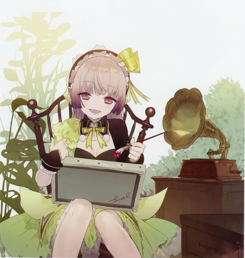 1girl absurdres art_brush atelier_(series) atelier_lydie_&amp;_suelle bow canvas_(object) chair hairband highres huge_filesize long_hair noco_(adamas) official_art paintbrush painting palette pink_eyes pink_hair scan sitting suelle_marlen yuugen
