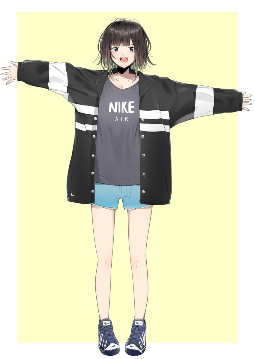 1girl :d black_jacket blue_footwear boyshorts brown_eyes brown_hair clothes_writing commentary full_body grey_shirt highres jacket long_sleeves looking_at_viewer mole mole_under_mouth open_clothes open_jacket open_mouth original outstretched_arms oversized_clothes shirt shoes short_hair simple_background smile solo spread_arms standing suzuharu_toufu yellow_background