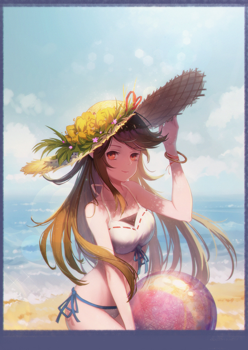 1girl ball beach bikini bracelet breasts brown_eyes brown_hair cha_(pixiv12794171) closed_mouth collarbone day eyebrows_visible_through_hair flower hat highres jewelry long_hair looking_at_viewer medium_breasts ocean original outdoors red_ribbon ribbon smile solo swimsuit white_bikini
