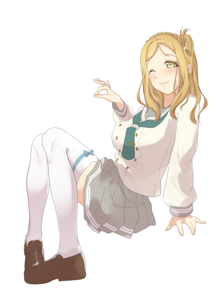 1girl ;) absurdres aqua_neckwear arm_support blonde_hair braid brown_footwear crown_braid double-breasted full_body green_eyes grey_skirt hair_rings highres invisible_chair komiyama_(user_ycnc3474) loafers long_sleeves looking_at_viewer love_live! love_live!_sunshine!! medium_hair neckerchief ohara_mari ok_sign one_eye_closed pigeon-toed pleated_skirt school_uniform serafuku shoes simple_background sitting skirt smile solo textless thigh-highs tie_clip uranohoshi_school_uniform white_background white_legwear