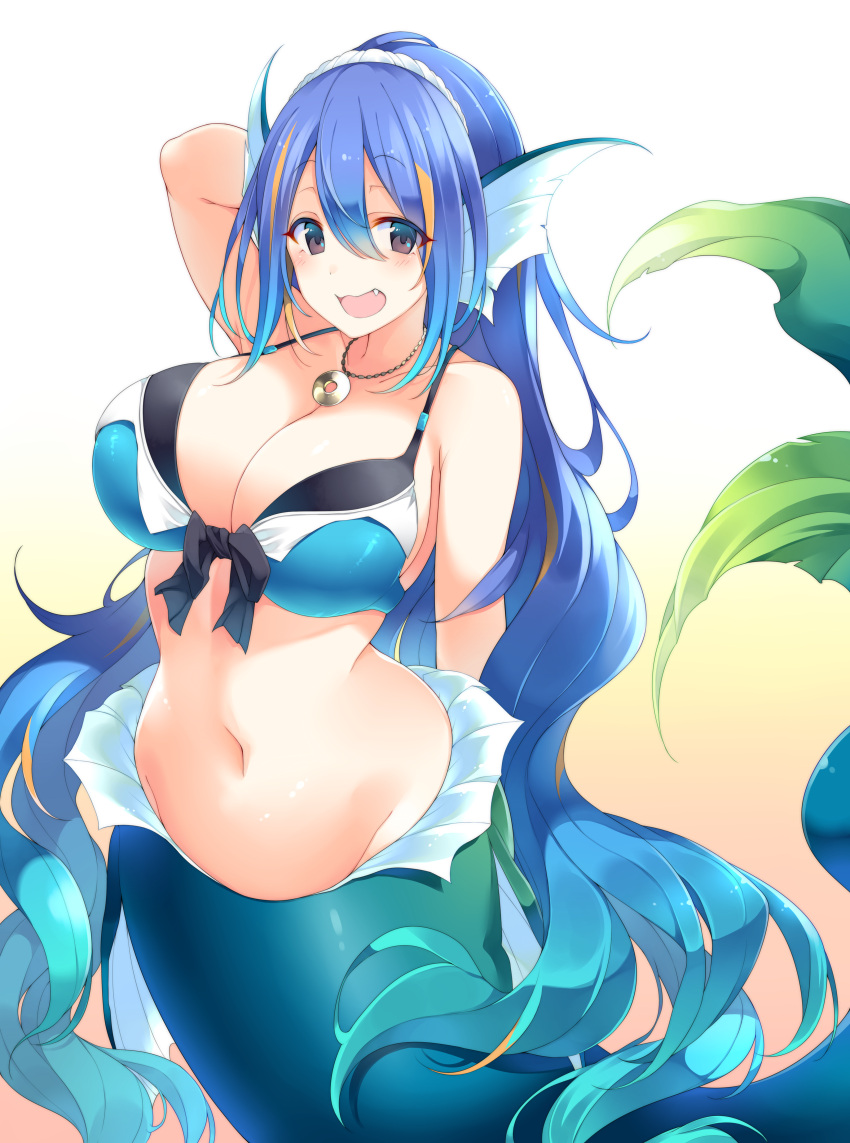 1girl :d absurdres animal_ears bikini black_bikini blue_bikini blue_hair blush breasts brown_eyes cleavage commentary_request eyebrows_visible_through_hair fang gradient gradient_background hair_between_eyes hand_behind_head head_fins highres huge_breasts jewelry layered_bikini long_hair looking_at_viewer matsunoki_(unknown_751) mermaid monster_girl navel necklace open_mouth original ponytail smile solo swimsuit very_long_hair yellow_background