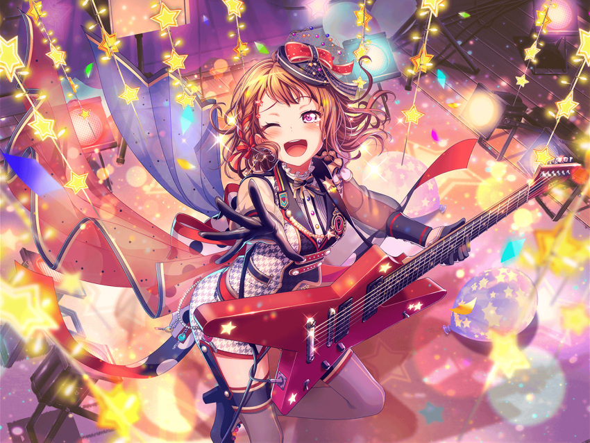 1girl balloon bang_dream! blush brown_hair confetti dress guitar holding_instrument lights official_art open_mouth purple_eyea short_hair smile solo star star_hair_ornament tears toyama_kasumi wink