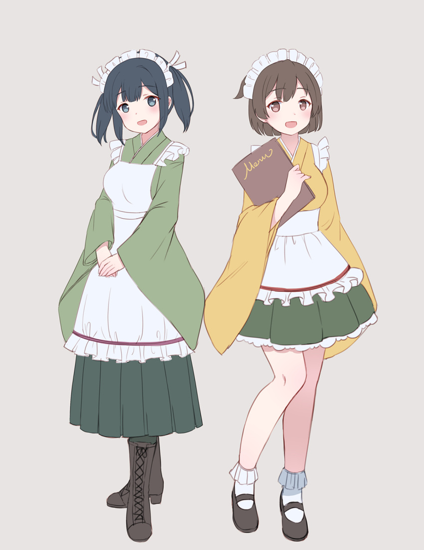 2girls :d apron blue_eyes blue_hair boots brown_eyes brown_footwear brown_hair cross-laced_footwear emia_wang eyebrows_visible_through_hair green_hakama green_kimono grey_background hakama highres hiryuu_(kantai_collection) holding japanese_clothes kantai_collection kimono lace-up_boots maid_headdress multiple_girls one_eye_closed open_mouth short_hair simple_background smile socks souryuu_(kantai_collection) twintails wa_maid white_apron white_legwear yellow_kimono