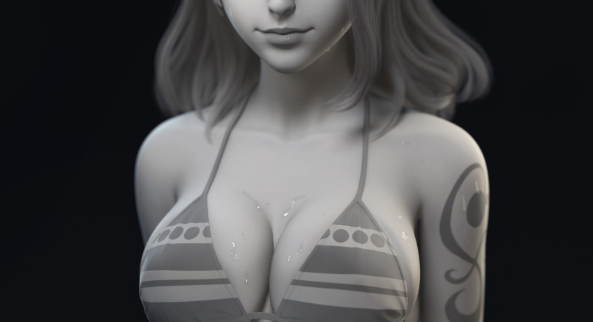 1girl arms_at_sides bangs bikini bikini_top breasts cleavage collarbone greyscale head_out_of_frame highres large_breasts long_hair looking_at_viewer monochrome nami_(one_piece) one_piece shadow shousizhe simple_background solo standing sweat swimsuit tattoo under_boob upper_body wet