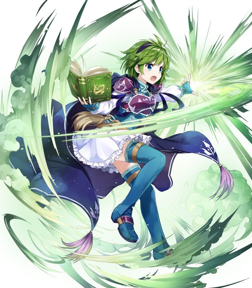 1girl amagai_tarou armor belt belt_pouch blue_eyes boots breastplate cape fingerless_gloves fire_emblem fire_emblem:_rekka_no_ken fire_emblem_heroes frills full_body gloves green_hair hairband highres long_sleeves miniskirt nino_(fire_emblem) official_art pouch shiny shiny_hair short_hair shoulder_armor shoulder_pads skirt smile solo thigh-highs thigh_boots white_skirt zettai_ryouiki