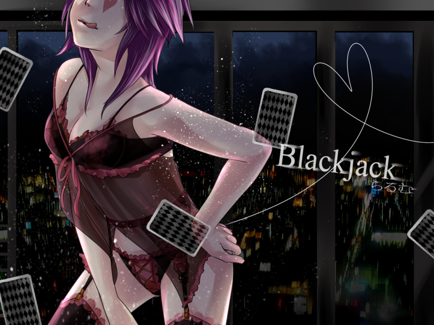 1girl artist_request blackjack_(vocaloid) breasts card city_lights cleavage garter_belt head_out_of_frame licking_lips lingerie long_hair medium_breasts navel night panties playing_card purple_hair rosario+vampire see-through shirayuki_mizore solo song_name thigh-highs tongue tongue_out underwear vocaloid