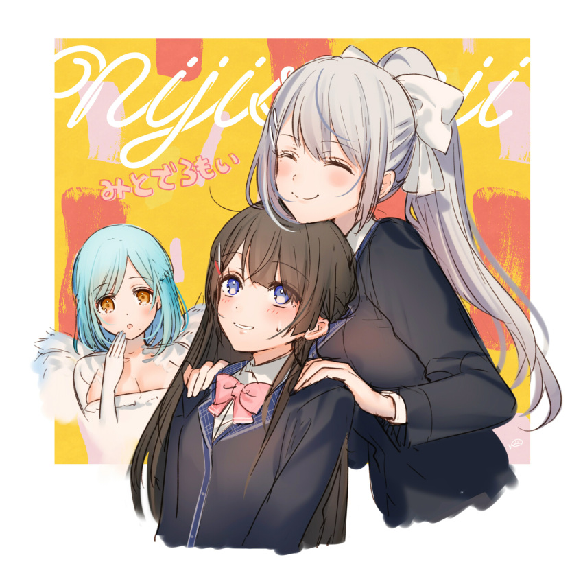 3girls :o ^_^ aqua_hair blazer bow bowtie breasts brown_eyes brown_hair cleavage closed_eyes commentary_request copyright_name feathered_wings hair_bow hair_ornament hair_ribbon hairclip hand_on_own_cheek hands_on_another's_shoulders highres higuchi_kaede jacket kippu long_hair moira_(nijisanji) mole mole_under_eye mole_under_mouth multiple_girls nijisanji pink_bow ponytail ribbon sweatdrop tsukino_mito violet_eyes wings