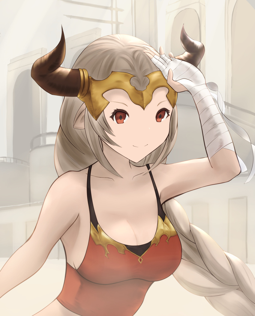 1girl absurdres aliza_(granblue_fantasy) bandage bandaged_hands braid breasts cleavage commentary_request draph granblue_fantasy headpiece highres horns large_breasts long_braid long_hair looking_at_viewer pointy_ears red_eyes shikibuton_(huto350) silver_hair single_braid solo very_long_hair