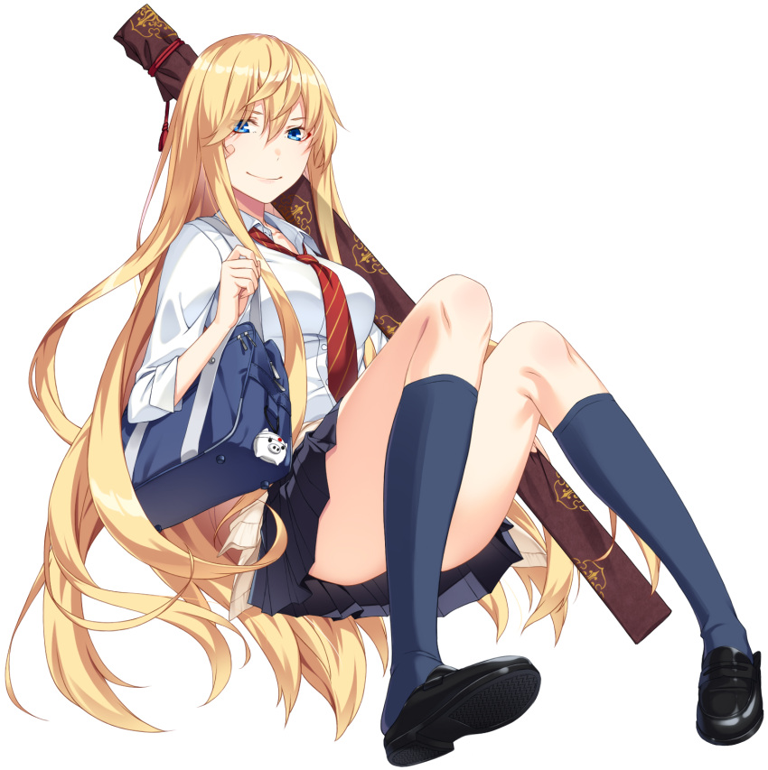 1girl bag bag_charm bandaid bandaid_on_face blonde_hair blue_eyes cardigan_around_waist charm_(object) convenient_leg hachimaki headband highres kimura_(ykimu) loafers long_hair original school_bag school_uniform shoes solo very_long_hair weapon_bag white_background