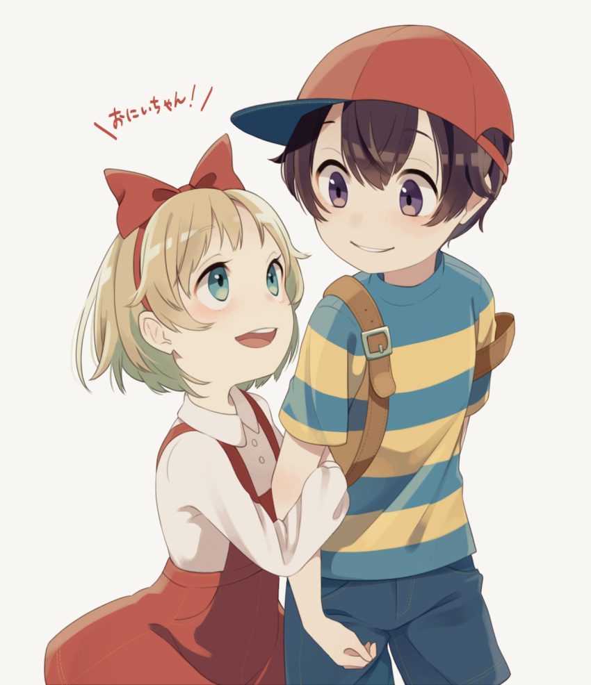 1boy 1girl :d aqua_eyes arm_grab background_text backpack bag bangs baseball_cap black_eyes black_hair blonde_hair blue_shorts bow brother_and_sister collared_shirt dress grey_background hair_between_eyes happy hat highres long_sleeves looking_at_another mother_(game) mother_2 ness_(mother_2) open_mouth red_dress red_headwear shifumame shirt short_hair short_sleeves shorts siblings simple_background smile striped striped_shirt teeth tongue tracy white_shirt