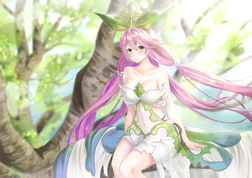 1girl bare_shoulders blush breasts brown_eyes cleavage collarbone commentary_request dress granblue_fantasy hair_ornament highres in_tree large_breasts long_hair looking_at_viewer low_quad_tails navel navel_cutout plant_girl purple_hair quad_tails sakurauchi_miyuu sitting sitting_in_tree smile solo strapless strapless_dress tree very_long_hair yggdrasil_(granblue_fantasy)