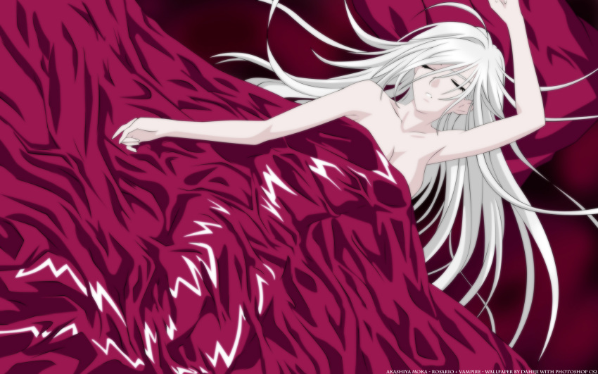 1girl akashiya_moka blanket breasts character_name cleavage copyright_name highres inner_moka large_breasts long_hair naked_sheet pillow rosario+vampire silver_hair sleeping solo under_covers very_long_hair wallpaper