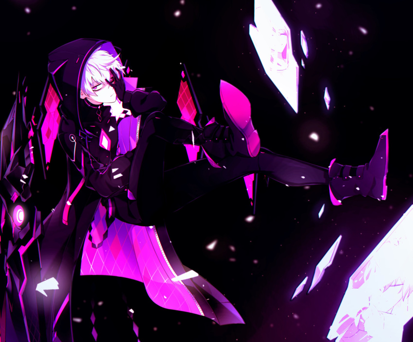 1boy absurdres add_(elsword) black_hair black_sclera bodysuit boots elsword erun-cbal- floating gloves hand_on_own_face highres hooded_coat mad_paradox_(elsword) shaded_face shatter short_hair violet_eyes white_hair