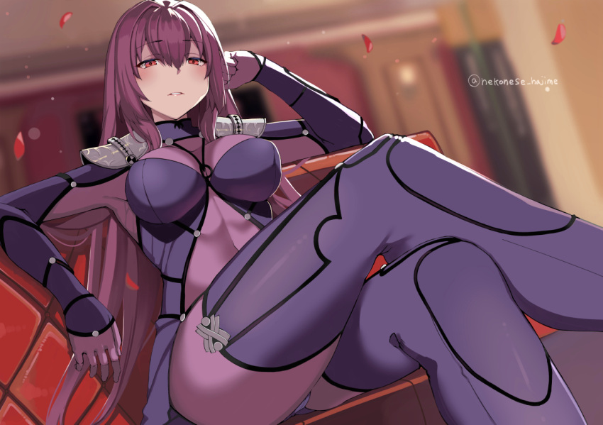 1girl arm_rest armpits bangs blurry blush bodysuit bokeh breasts breasts_apart clenched_hand commentary_request couch covered_navel depth_of_field dutch_angle eyebrows_visible_through_hair falling_petals fate/grand_order fate_(series) foreshortening from_below gloves hair_between_eyes hair_intakes half-closed_eyes hand_on_own_head indoors large_breasts legs_crossed long_hair looking_at_viewer nuko_(mikupantu) on_couch parted_lips pauldrons petals purple_bodysuit purple_hair red_eyes scathach_(fate/grand_order) shoulder_armor sidelocks sitting skin_tight solo straight_hair turtleneck twitter_username very_long_hair