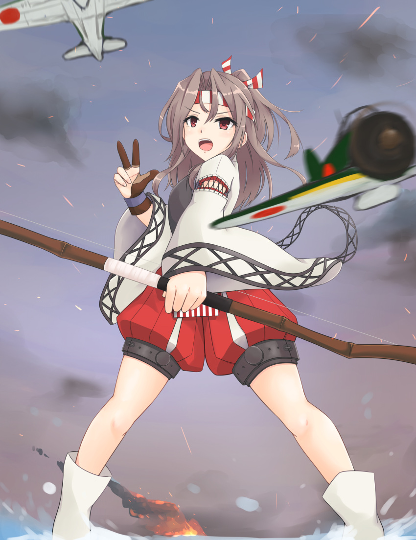 1girl aircraft airplane bow_(weapon) brown_eyes brown_hair gloves hachimaki hair_ribbon headband high_ponytail highres holding holding_bow_(weapon) holding_weapon japanese_clothes kantai_collection kodama_(user_rnfr3534) light_brown_hair long_hair muneate partly_fingerless_gloves ribbon single_glove solo weapon yugake zuihou_(kantai_collection)
