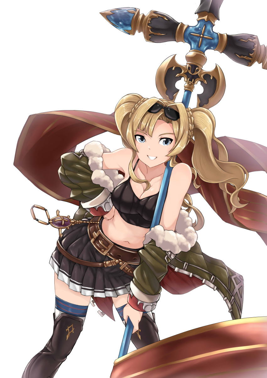 1girl :d absurdres blonde_hair blue_eyes boots breasts cleavage collarbone commentary_request eyewear_on_head flyingfish-mat fur-trimmed_jacket fur_trim granblue_fantasy grin hand_on_hip highres jacket leaning_forward long_hair looking_at_viewer medium_breasts midriff navel open_clothes open_jacket open_mouth pleated_skirt polearm skirt smile solo spear sunglasses thigh-highs thigh_boots thigh_strap twintails weapon zeta_(granblue_fantasy)