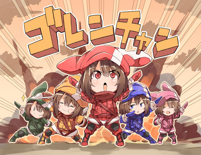 0_0 5girls bandanna bibi blue_eyes brown_hair chibi clenched_hand curry curry_rice doyagao emphasis_lines food gloves hat knee_pads llenn_(sao) military military_uniform multiple_girls multiple_persona outstretched_arms pose red_eyes rice smile smug sparkle spoon sword_art_online sword_art_online_alternative:_gun_gale_online tagme uniform