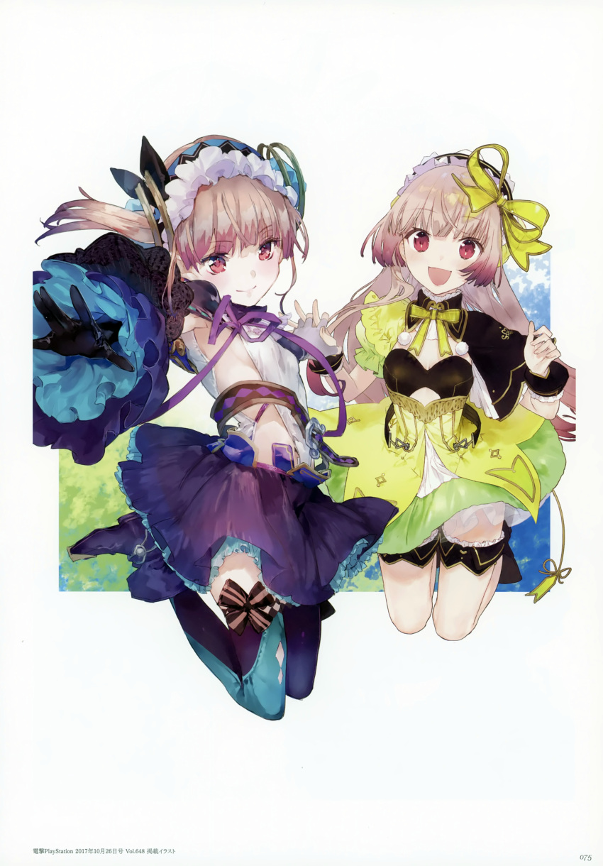 2girls absurdres atelier_(series) atelier_lydie_&amp;_suelle blush boots bow bowtie breasts cleavage gloves hairband highres huge_filesize long_hair lydie_marlen multiple_girls noco_(adamas) official_art open_mouth pink_eyes pink_hair scan siblings sisters small_breasts smile suelle_marlen thigh-highs twins yuugen