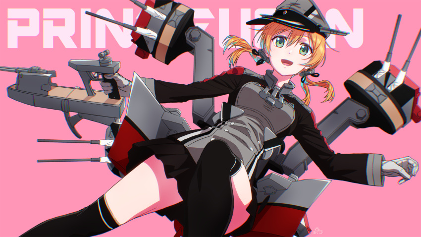 1girl :d anchor_hair_ornament aqua_eyes bangs black_legwear black_skirt blonde_hair breasts character_name dated eyebrows_visible_through_hair feet_out_of_frame floating_hair gloves hair_between_eyes hair_ornament hat highres holding holding_weapon iron_cross jacket kantai_collection long_hair long_sleeves looking_at_viewer low_twintails machinery medium_breasts microskirt military military_hat military_uniform multicolored multicolored_clothes multicolored_jacket one_leg_raised open_mouth peaked_cap pink_background pleated_skirt prinz_eugen_(kantai_collection) rigging sidelocks signature skirt smile solo spread_legs thigh-highs thighs turret twintails uniform wakou_(zassou_tamashi) weapon white_gloves