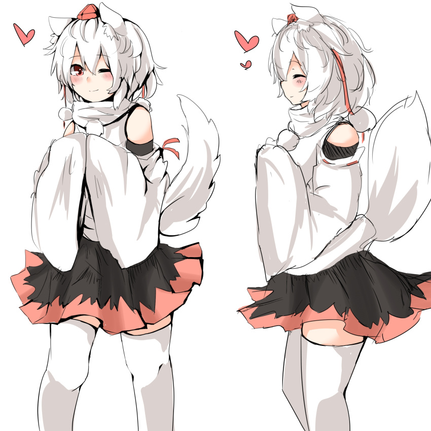 1girl animal_ears blush hair_between_eyes hands_in_sleeves heart highres houkai_(collapse_illust) inubashiri_momiji looking_at_viewer one_eye_closed profile red_eyes short_hair sketch smile solo tail thigh-highs touhou white_background white_hair wide_sleeves wolf_ears wolf_tail