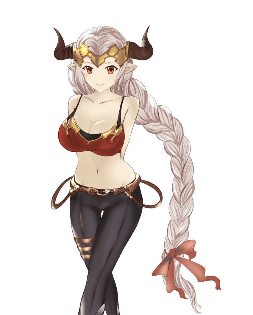 1girl aliza_(granblue_fantasy) arms_behind_back breasts cleavage commentary_request draph granblue_fantasy hair_ribbon headpiece highres horns large_breasts long_hair looking_at_viewer midriff navel noro_(akatuki_1110) pants pointy_ears red_eyes ribbon silver_hair smile solo thigh_gap tight tight_pants very_long_hair