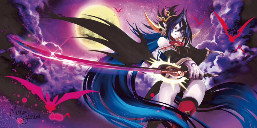 1girl artist_name bat black_hair black_sclera blue_hair bodysuit clouds force_of_will highres long_hair mircoelisa moon multicolored_hair night night_sky official_art pale_skin pointy_ears red_eyes reiya_(force_of_will) sky solo sword tattoo thigh-highs two-tone_hair vampire weapon