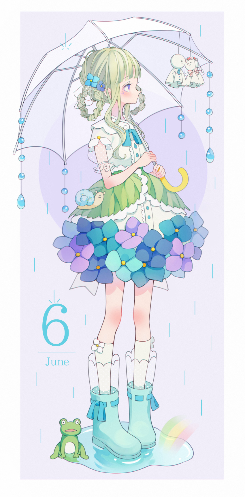 1girl absurdres bangs blue_flower blue_footwear blue_neckwear boots braid bridal_veil calendar flower flower_skirt frilled_sleeves frills frog full_body green_hair grey_background hair_flower hair_ornament hair_rings highres holding holding_umbrella june neck_ribbon original overskirt puddle purple_flower rain rainbow ribbon ribbon-trimmed_footwear shiraho_(color-56) short_sleeves sidelocks skirt snail socks solo teruterubouzu transparent_sleeves umbrella veil violet_eyes water_drop white_legwear white_umbrella