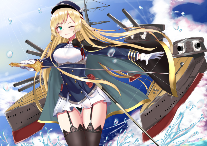 1girl ;) aqua_eyes azur_lane bangs black_legwear black_panties blonde_hair blue_hat blue_sky braid breasts closed_mouth clouds cowboy_shot cravat day dress eyebrows eyebrows_visible_through_hair eyelashes garter_straps gloves hat holding holding_sword holding_weapon horns koda_(k-works) kongou_(azur_lane) legs_crossed long_hair long_sleeves machinery medium_breasts mole mole_under_eye ocean one_eye_closed oni_horns outdoors outstretched_arm panties pleated_dress rapier sheath sheathed short_dress single_braid sky smile solo sparkle splashing straight_hair sword thigh-highs thighs turret underbust underwear water_drop watson_cross weapon white_dress white_gloves white_neckwear zettai_ryouiki