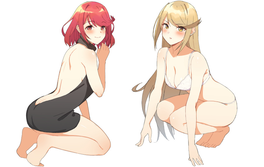 2girls backless_outfit bare_back bare_shoulders barefoot blonde_hair blush bra breasts butt_crack dress highres mythra_(xenoblade) pyra_(xenoblade) icarus_(632247131) large_breasts long_hair looking_at_viewer meme_attire multiple_girls naked_sweater navel open-back_dress panties redhead sideboob simple_background soles sweater sweater_dress turtleneck turtleneck_sweater underwear virgin_killer_sweater white_background xenoblade xenoblade_(series) xenoblade_2 yellow_eyes