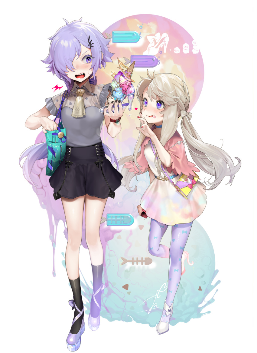 /\/\/\ 2girls :q absurdres ascot bag black_footwear black_nails black_skirt blonde_hair blue_choker capelet choker fingernails food food_on_face grey_shirt hair_ornament hair_over_one_eye hairclip handbag herme high-waist_skirt highres holding holding_food ice_cream long_hair multiple_girls nail_polish ohisashiburi one_eye_covered open_mouth original pantyhose popsicle purple_footwear purple_legwear shirt shoes shoulder_bag skirt smile standing standing_on_one_leg tongue tongue_out twintails violet_eyes walking wristband yellow_neckwear