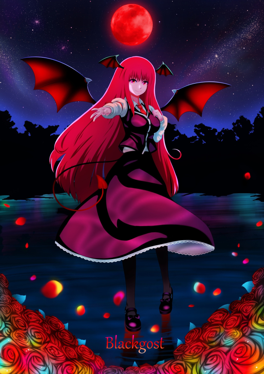 1girl black_legwear bow breasts closed_mouth collared_shirt flower full_moon hand_on_own_chest head_wings highres jellyring juliet_sleeves koakuma large_breasts legband long_hair long_sleeves looking_at_viewer moon necktie night night_sky pantyhose puffy_sleeves purple_sky red_flower red_moon red_neckwear red_skirt red_vest redhead reflection shirt shoe_bow shoes skirt sky smile solo spread_wings standing star_(sky) starry_sky touhou very_long_hair vest violet_eyes white_shirt wing_collar