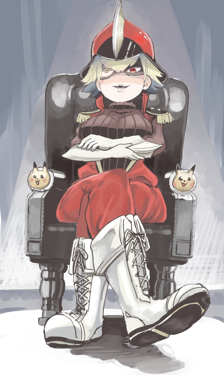 1girl armchair bisharp blonde_hair boots chair crossed_arms eyepatch foreshortening gloves hare_(tetterutei) hat highres legs_crossed looking_at_viewer pants parted_lips personification pikachu pokemon red_eyes red_pants ribbed_sweater short_hair sitting smile solo sweater white_footwear white_gloves