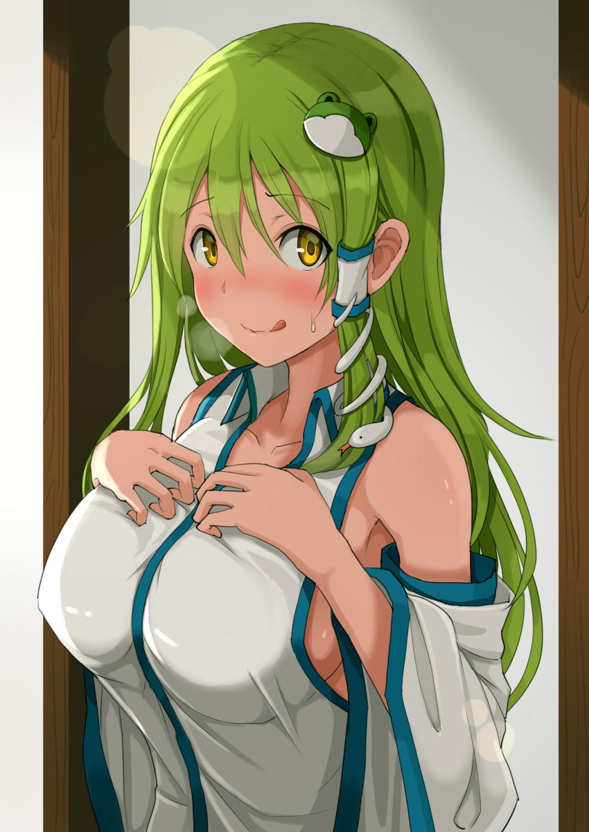 1girl :q bare_shoulders blush breasts breath collarbone commentary_request detached_sleeves eyebrows_visible_through_hair frog_hair_ornament green_hair hair_between_eyes hair_ornament hair_tubes hands_on_own_chest highres kochiya_sanae large_breasts long_hair long_sleeves looking_at_viewer nose_blush opanchu_(hakusen) shirt sideboob single_sidelock sleeveless sleeveless_shirt smile snake_hair_ornament solo sweat tongue tongue_out touhou upper_body white_shirt wide_sleeves yellow_eyes