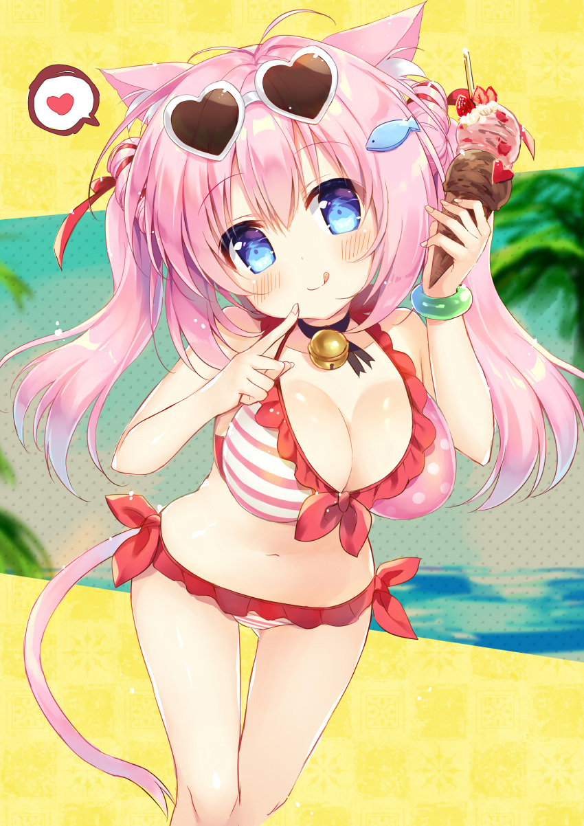 1girl :q absurdres animal_ears bangs bare_arms bare_shoulders bell bikini blue_eyes blush breasts cat_ears cat_girl cat_tail cleavage closed_mouth collarbone commentary_request double_scoop eyebrows_visible_through_hair eyewear_on_head fingernails fish_hair_ornament food front-tie_bikini front-tie_top fruit hair_between_eyes hair_ornament head_tilt heart heart-shaped_eyewear highres holding holding_food ice_cream ice_cream_cone jingle_bell large_breasts long_hair looking_at_viewer natsuki_marina navel original pink_bikini pink_hair polka_dot polka_dot_bikini smile solo spoken_heart strawberry striped striped_bikini sunglasses swimsuit tail tongue tongue_out twintails very_long_hair