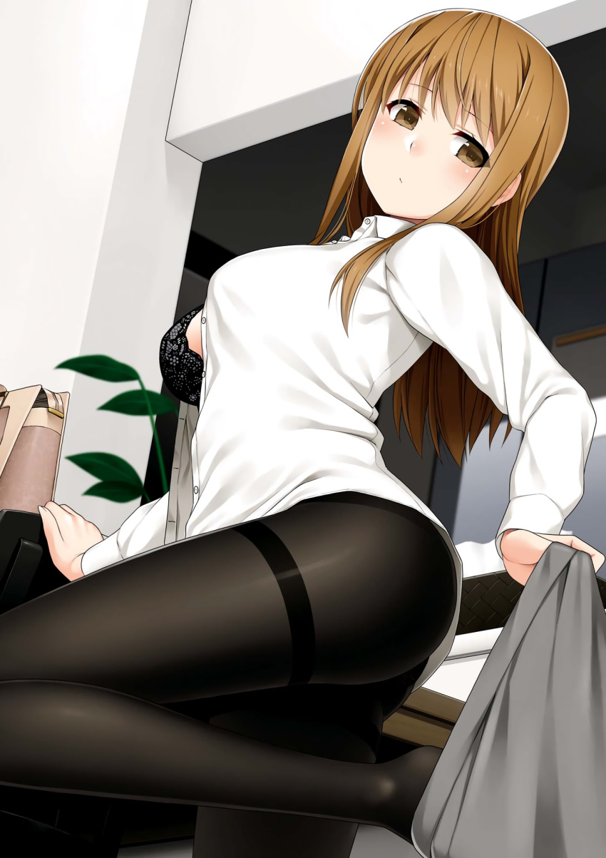 1girl black_bra black_legwear blush bra breasts brown_eyes brown_hair buta_tamako dress_shirt from_below from_side head_tilt highres leg_up long_hair long_sleeves medium_breasts original pantyhose shirt sidelocks skirt skirt_around_one_leg solo thighband_pantyhose underwear undressing