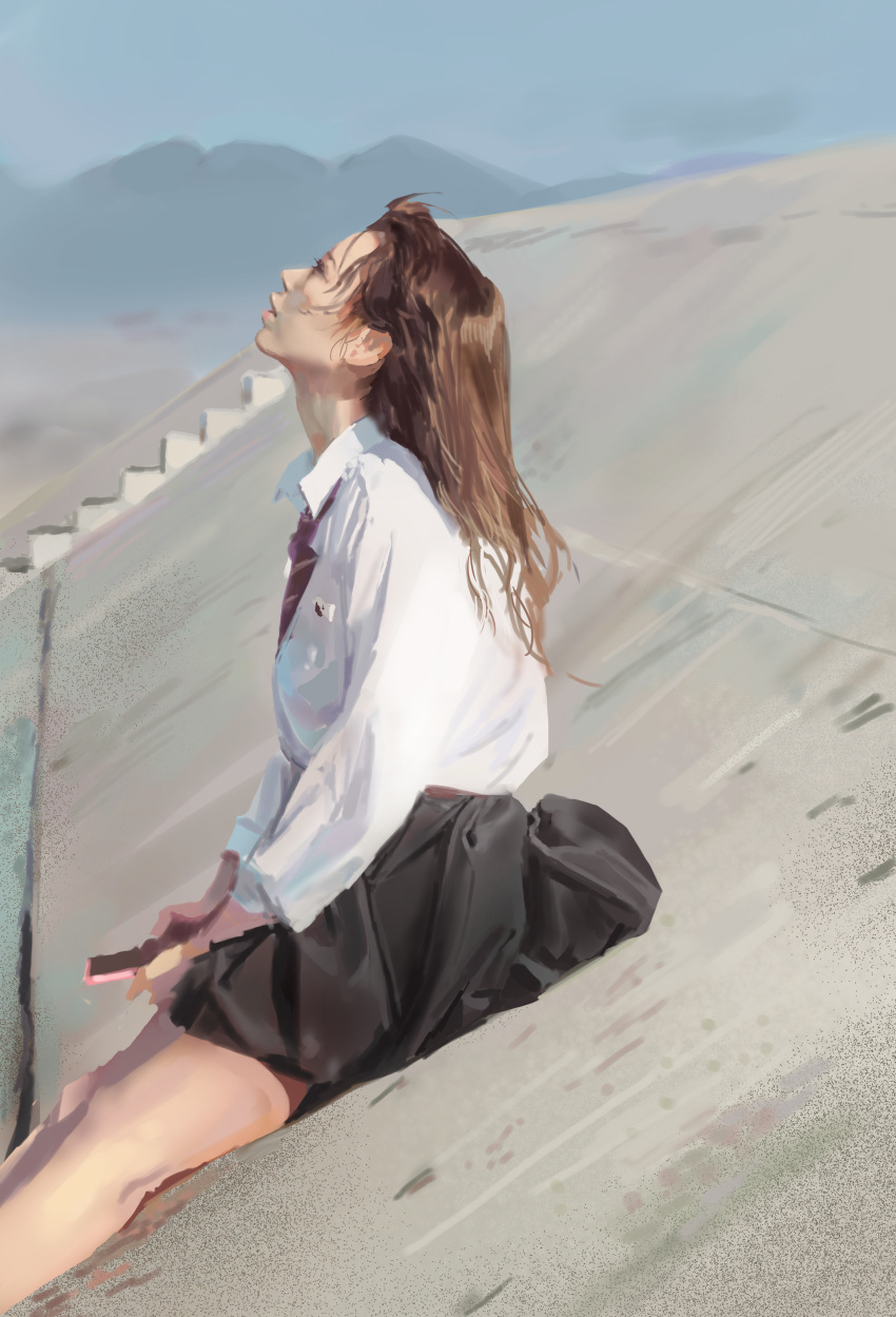 1girl absurdres anmi black_skirt brown_hair collared_shirt commentary_request day from_side highres long_sleeves looking_up necktie original outdoors parted_lips profile red_neckwear shirt sitting skirt solo stairs white_shirt wing_collar